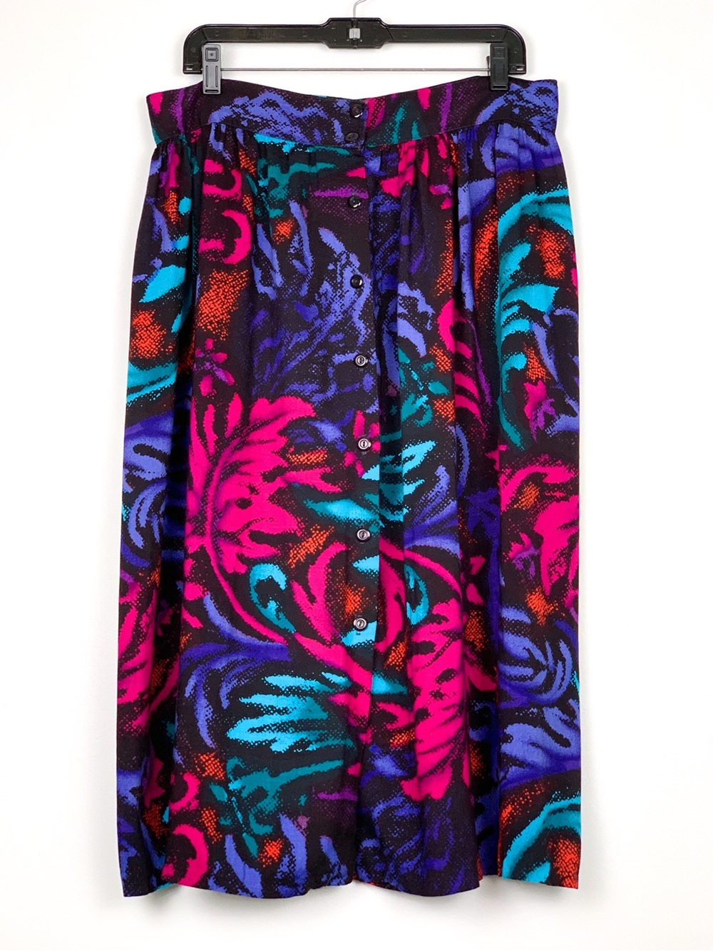 80s abstract tropical skirt black pink purple teal button front fits like sz 12